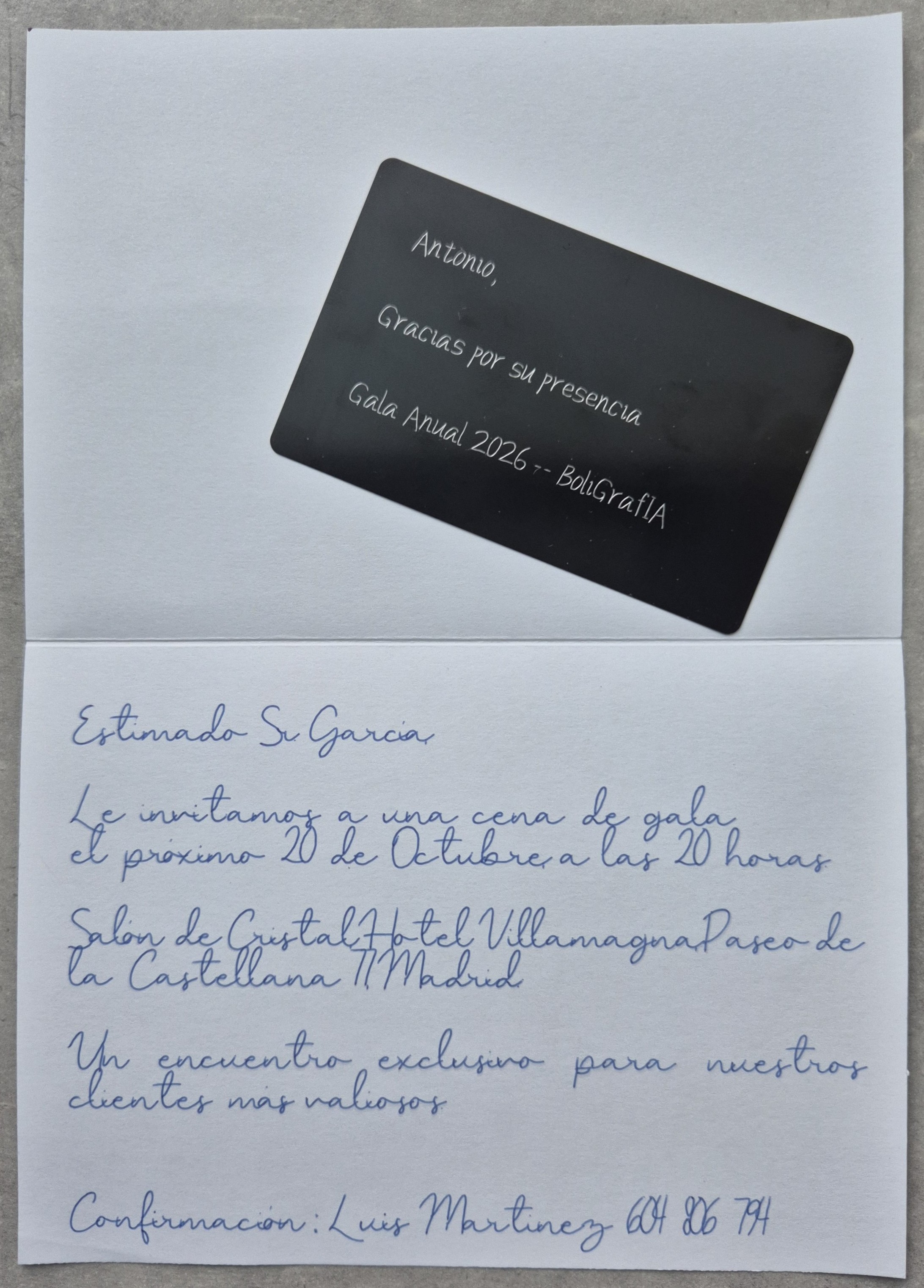 tarjeta de aluminio manuscrita para bancos y operaciones especiales